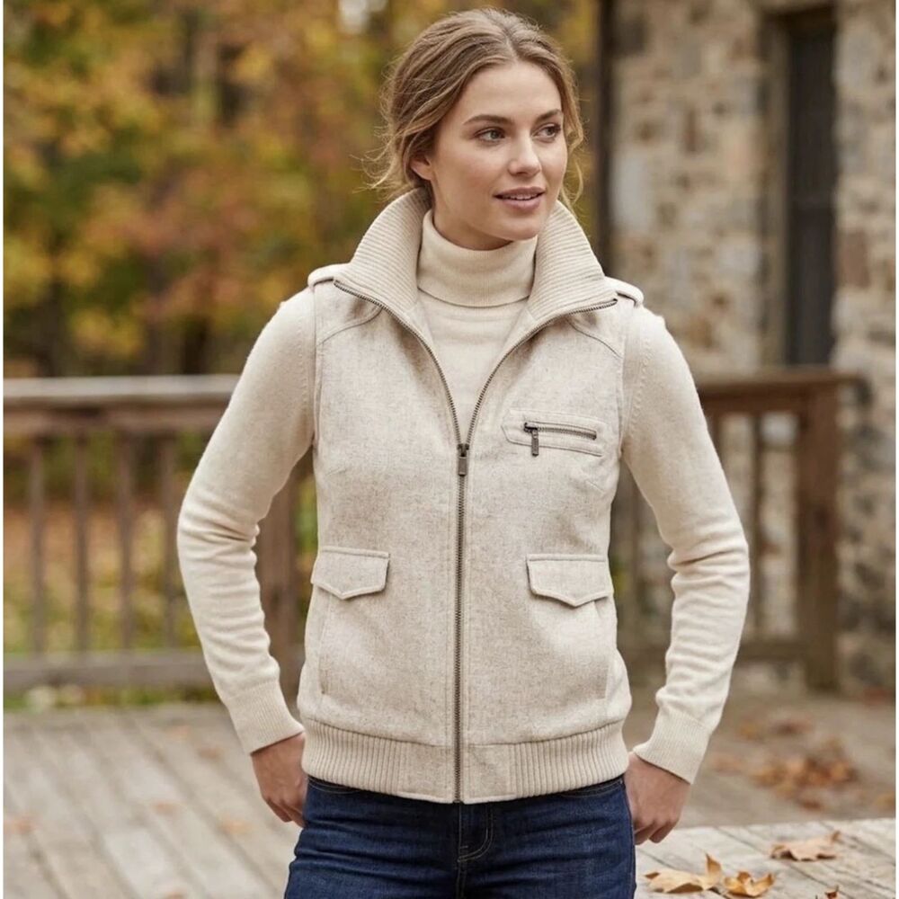 LS Ayres Zip Up Vest Womens S Cream Cowl Neck Wool Blend Argentina Warm Preppy